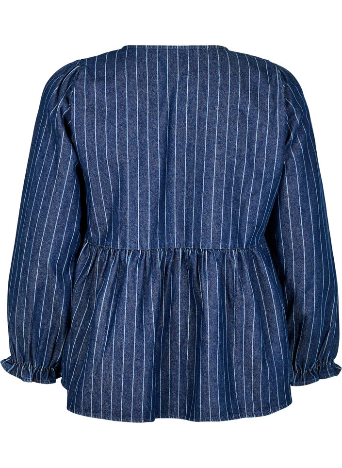 Striped denim blouse with front tie, Blue, Packshot image number 1
