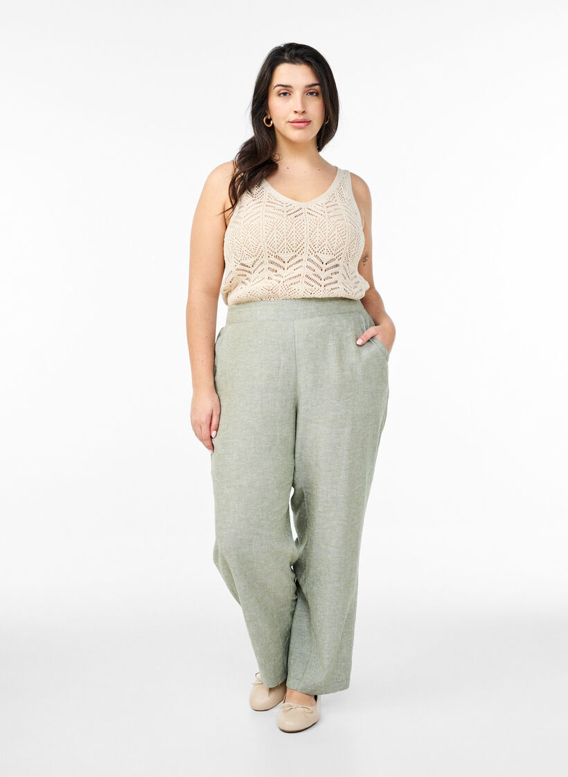 Loose trousers in linen and viscose, Green, Model image number 0
