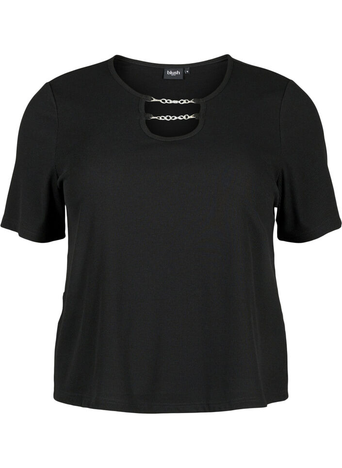 Ribbed blouse with chain detail, Black, Packshot image number 0