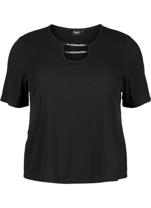 Ribbed blouse with chain detail, Black, Packshot image number 0