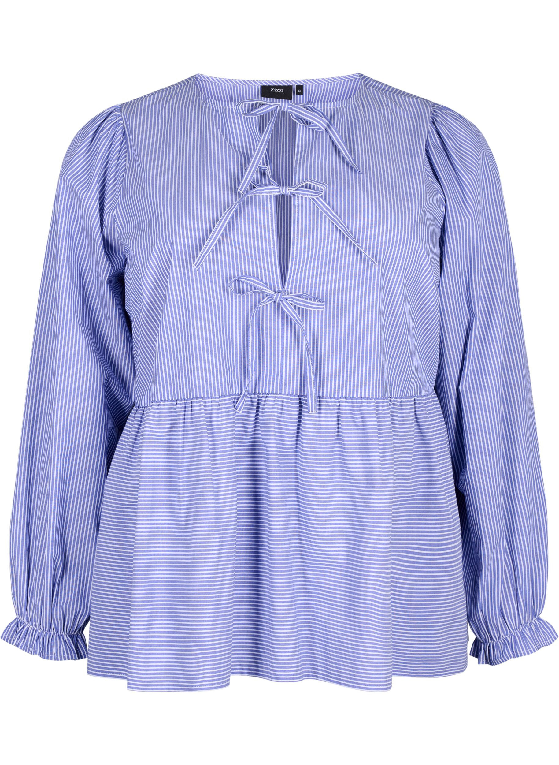 Zizzifashion Striped cotton blouse with tie detail, Baja Blue Stripe, Packshot image number 0