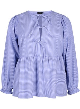 Striped cotton blouse with tie detail, Baja Blue Stripe, Packshot image number 0