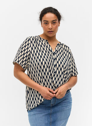 Printed blouse with short sleeves, Oval AOP, Model image number 0