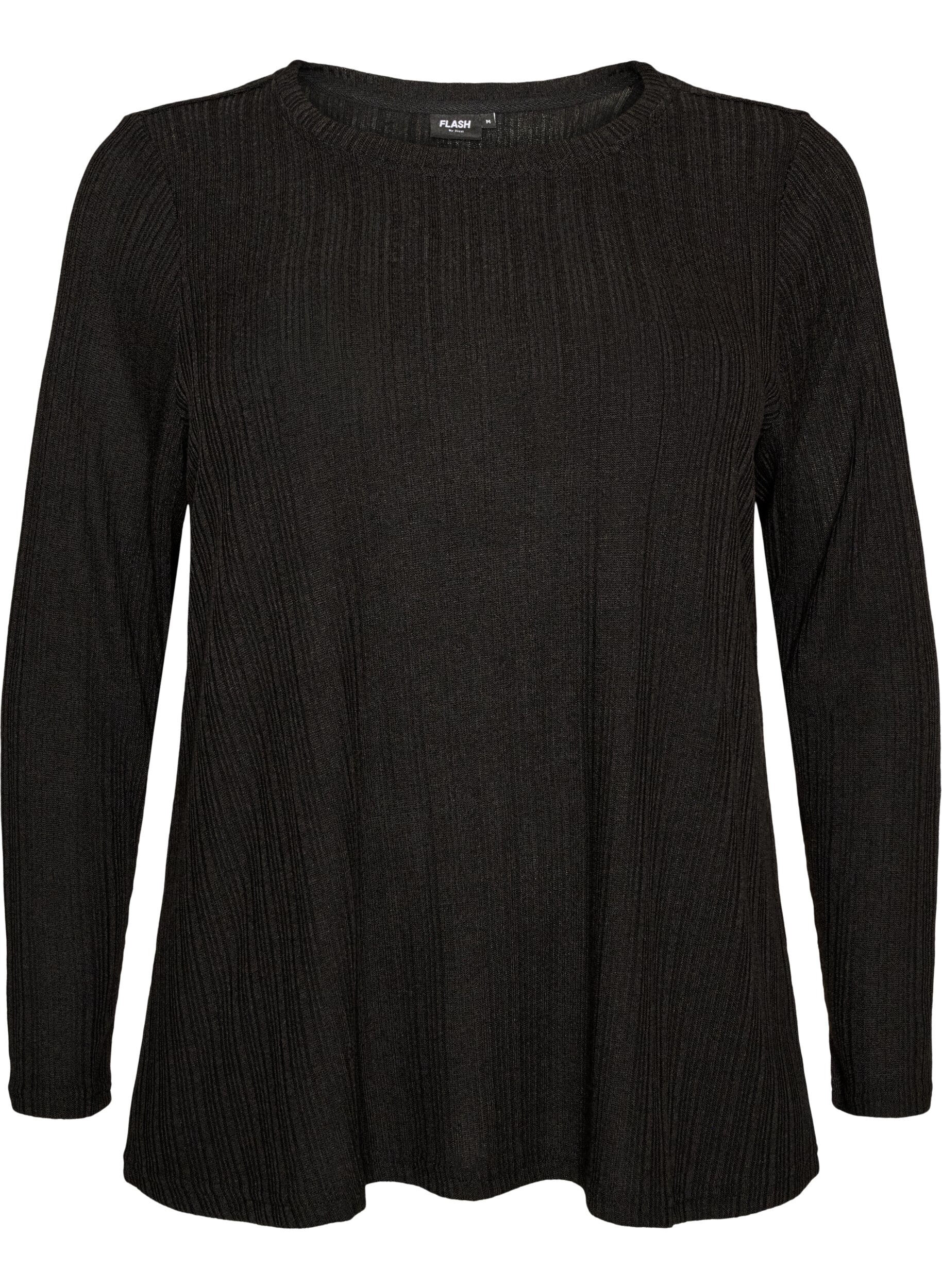 ZizzifashionJersey blouse with ribbed structure and long sleeves, Black, Packshot image number 0