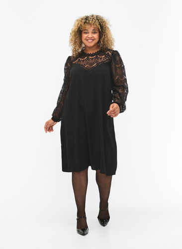 Long sleeve dress with lace, Black, Model image number 3