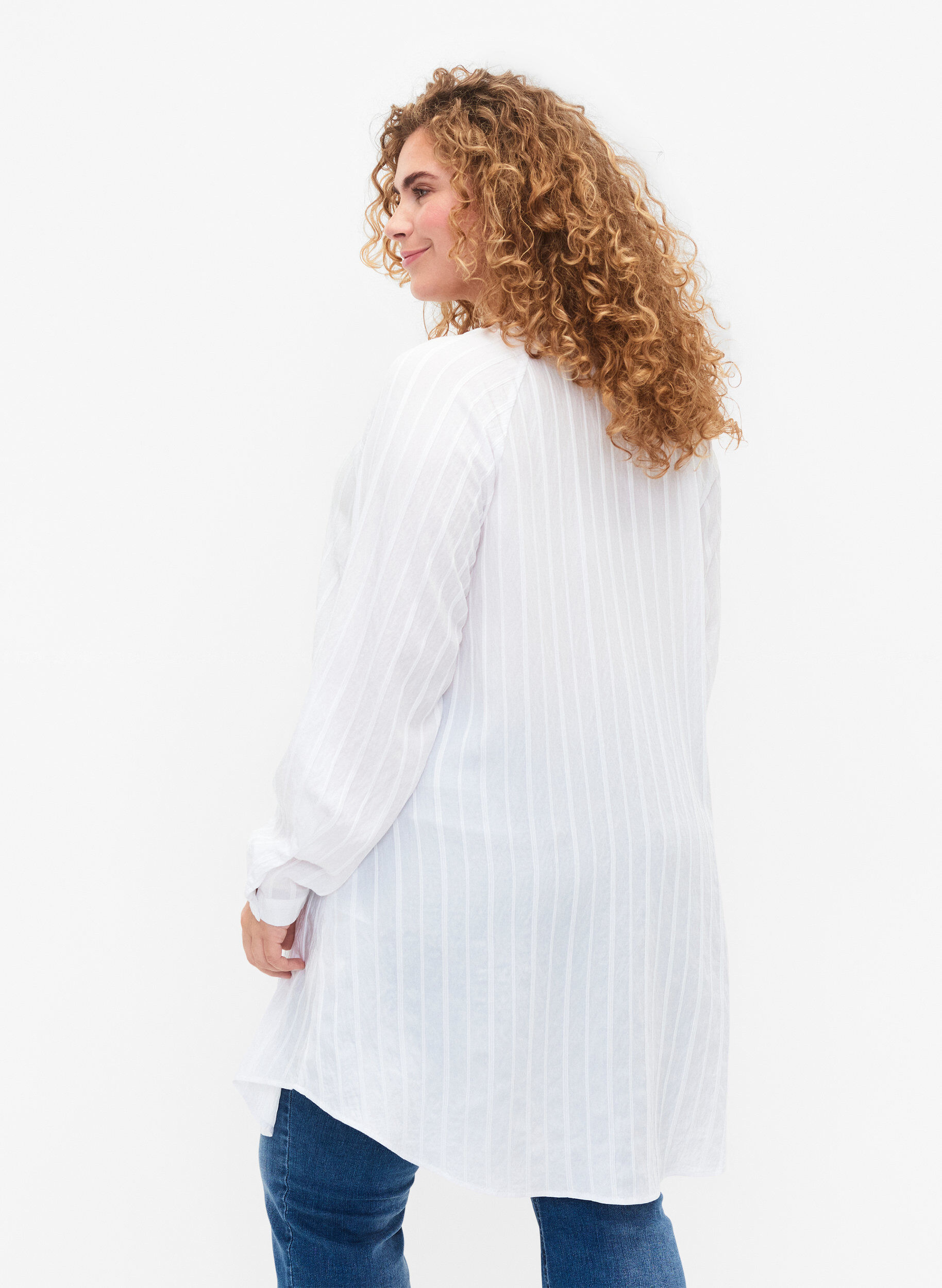 Zizzifashion Long viscose shirt with striped structure, Bright White, Model image number 1