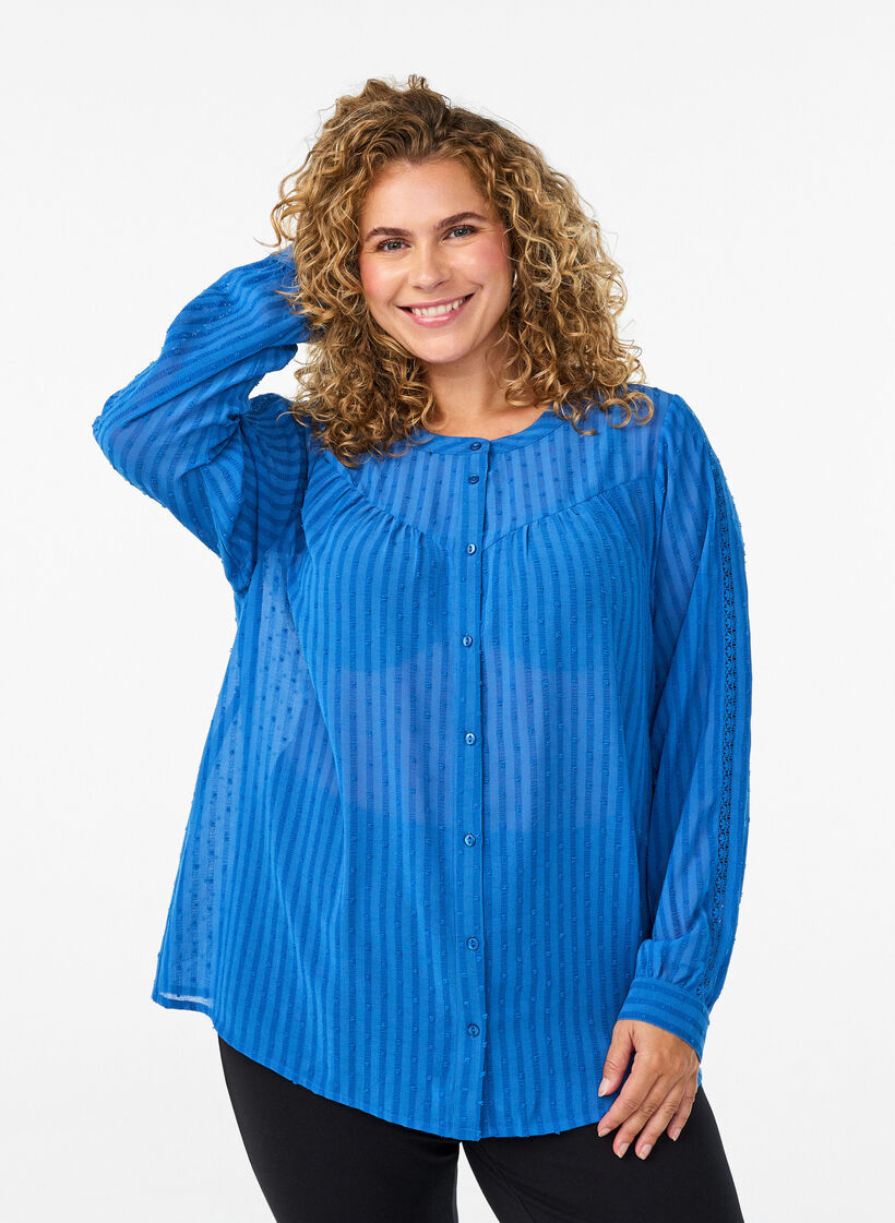 Shirt with a textured dot pattern and embroidery details, Blue, Model image number 0