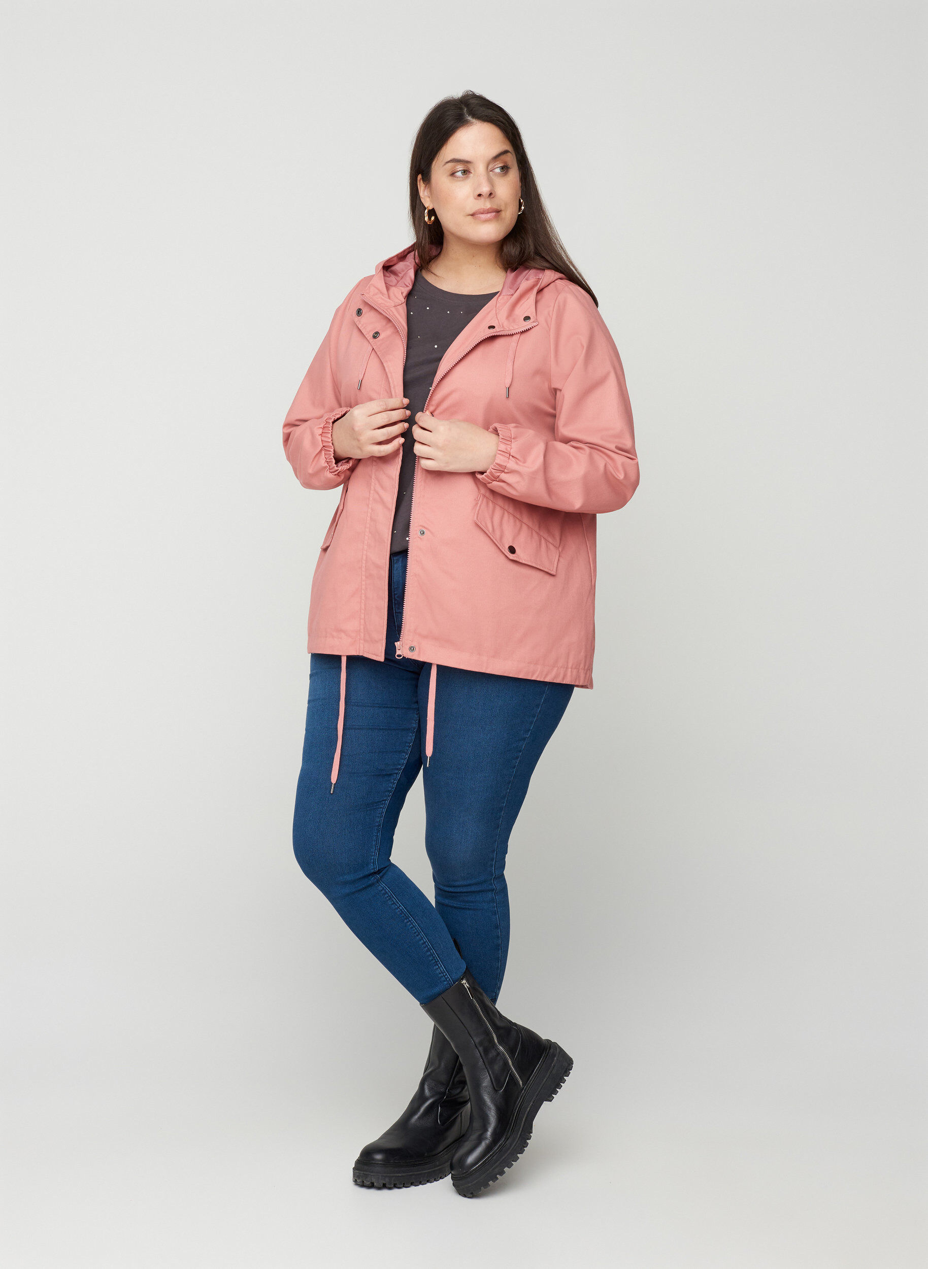 Zizzifashion Short jacket with a hood and pockets, Ash Rose, Model image number 2