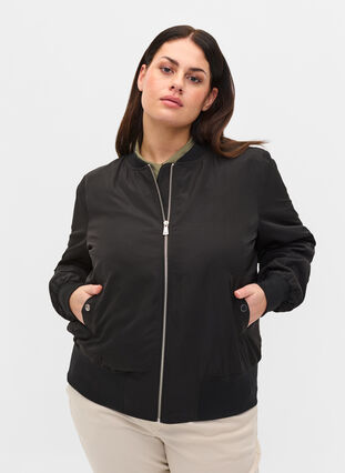 Bomber jacket with pockets and ribbed fabric, Black, Model image number 0