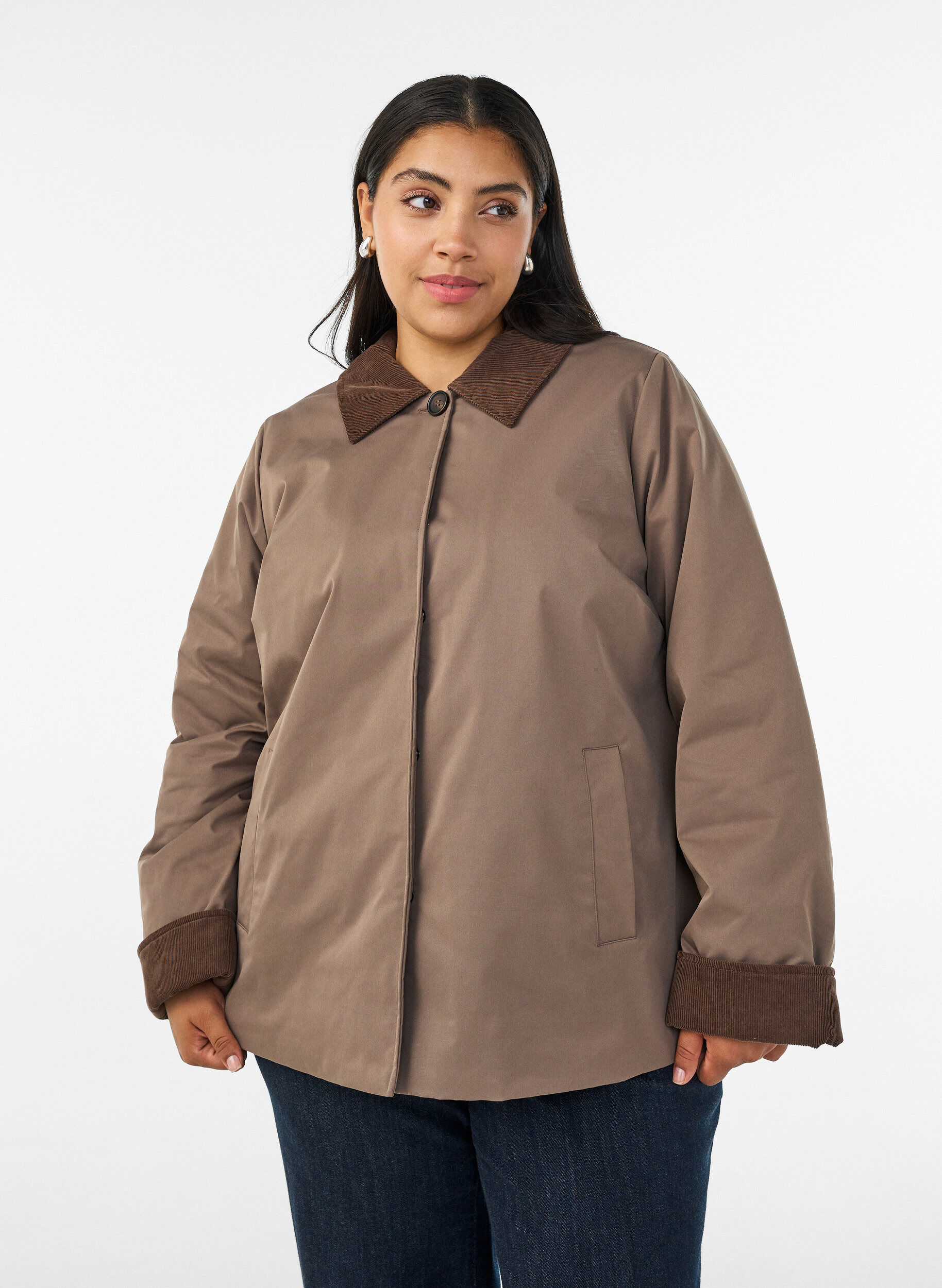 ZizzifashionLightly padded jacket with a corduroy collar, Brown, Model image number 0
