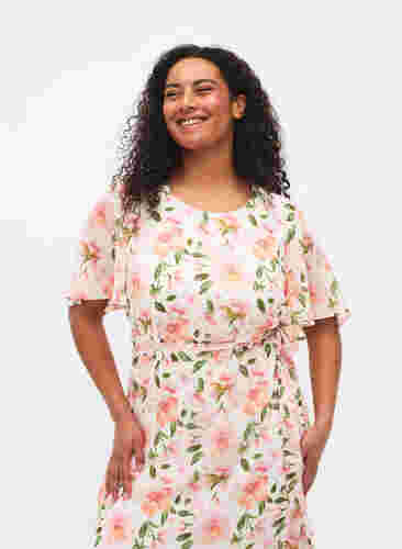 Short sleeve midi dress with floral print, White w. Pink Flower, Model image number 2