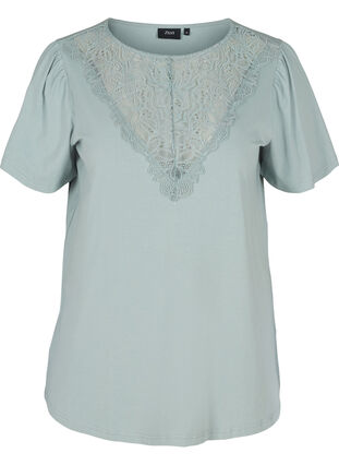 Short-sleeved t-shirt with cotton details, Silver Blue, Packshot image number 0