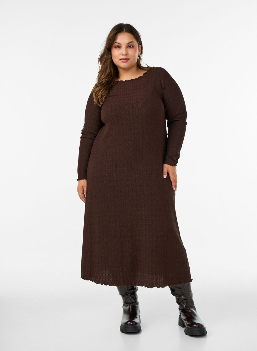Midi dress with a wavy texture and long sleeves, Brown, Model image number 1
