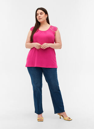 Plain-coloured top with lace sleeves, Fuchsia Purple, Model image number 2