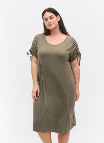 Short sleeved viscose dress with tie detail, Dusty Olive, Model image number 0