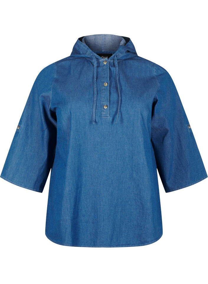 Denim blouse with hood, Medium Blue Denim, Packshot image number 0