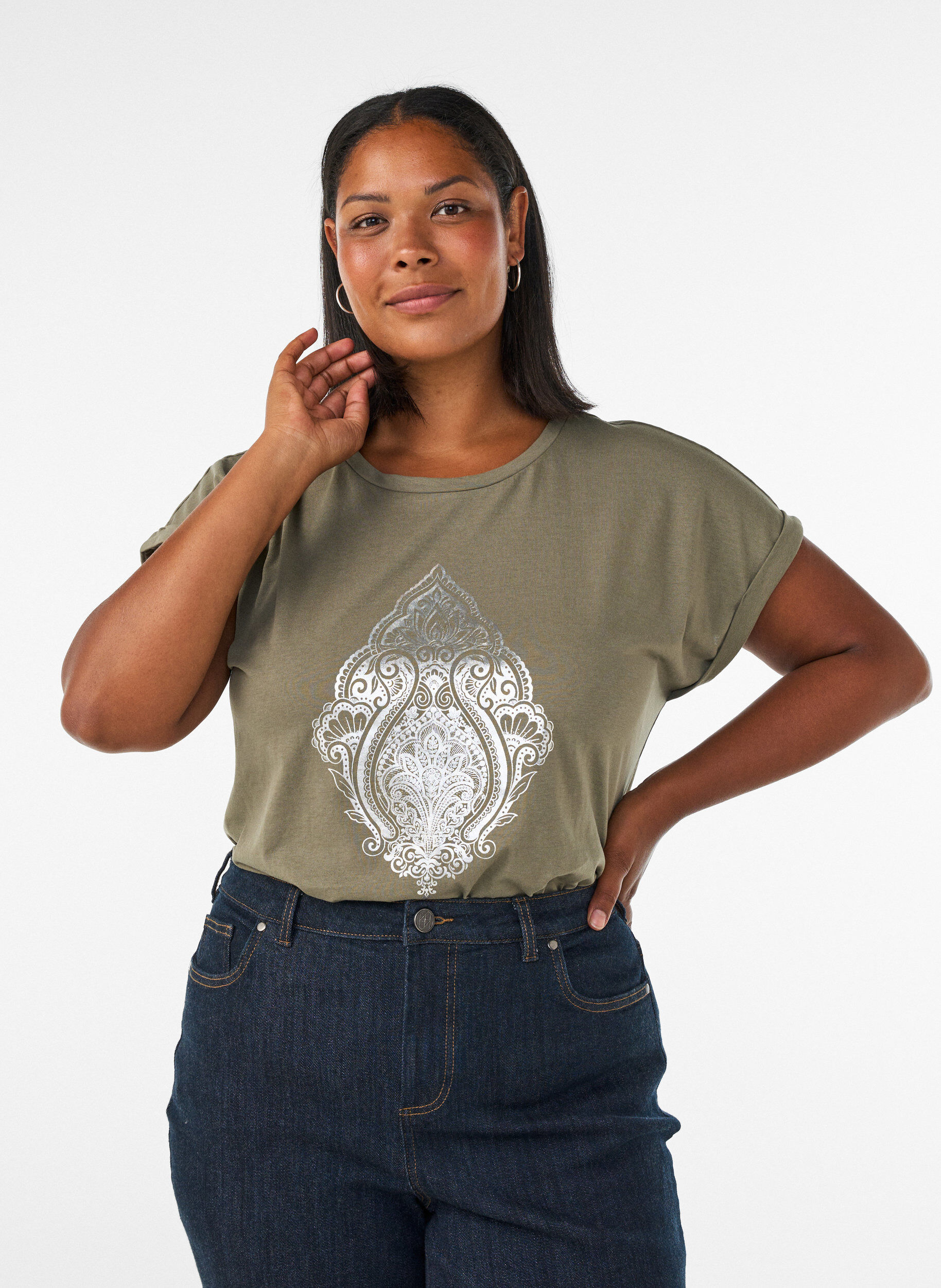 T-shirt with decorative front print, Green, Model