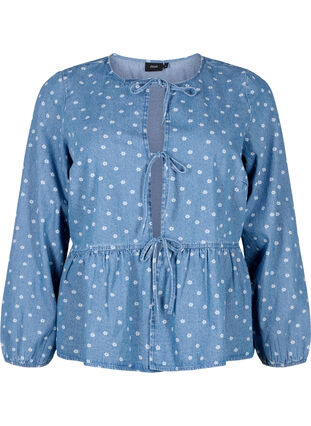 Denim peplum blouse with tie fastening, Light Blue w.Flowers, Packshot image number 0