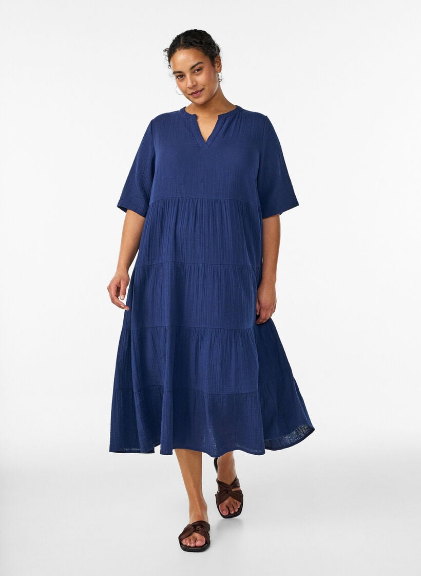 A-line midi dress in cotton muslin, Blue, Model image number 0
