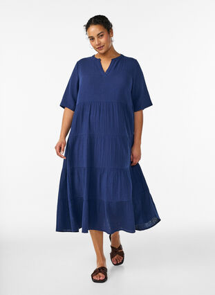 A-line midi dress in cotton muslin - Blue - Sz. 40-64 - Zizzifashion A-line midi dress in cotton muslin - Blue - Sz. 40-64 - Zizzifashion