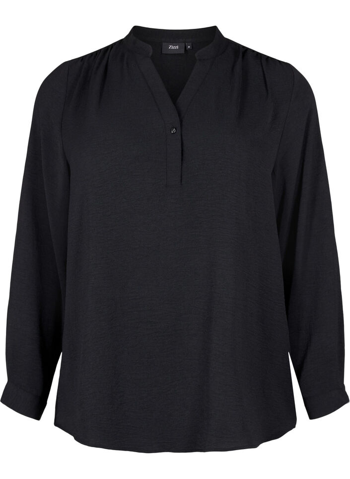 Long-sleeved shirt blouse with V-neck, Black, Packshot image number 0