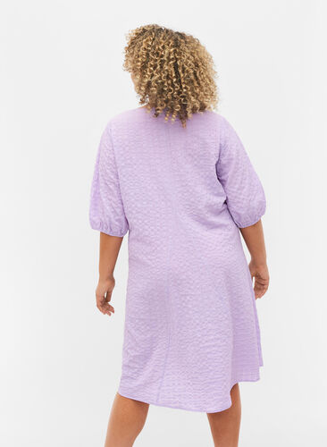 Crepe dress with v-neck and balloon sleeves, Lavendula, Model image number 1