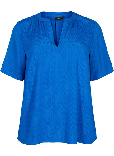 Short-sleeved viscose blouse with v-neck, Princess Blue, Packshot image number 0