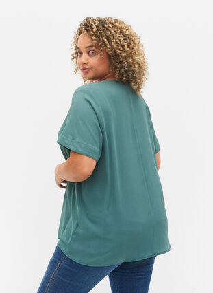 Short-sleeved blouse with v-neckline, Mallard Green, Model image number 1