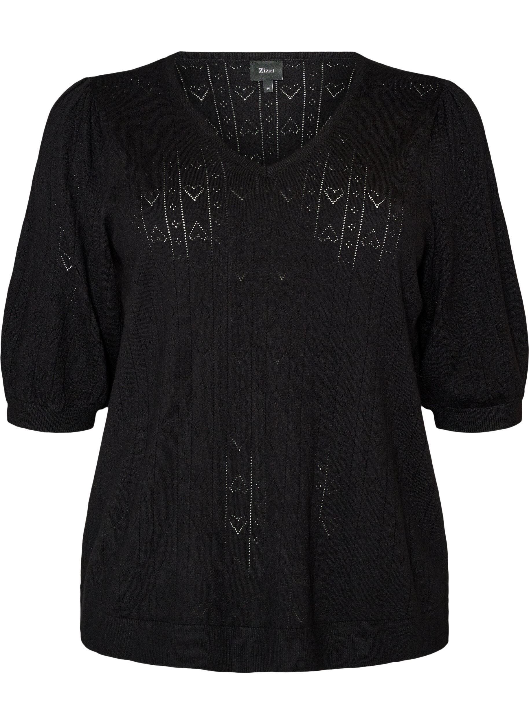 ZizzifashionShort-sleeved knit blouse with a pointelle pattern, Black, Packshot image number 0
