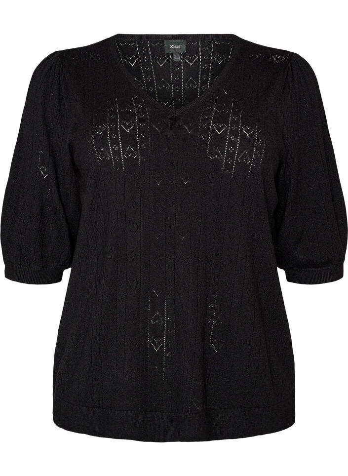 Short-sleeved knit blouse with a pointelle pattern, Black, Packshot image number 0