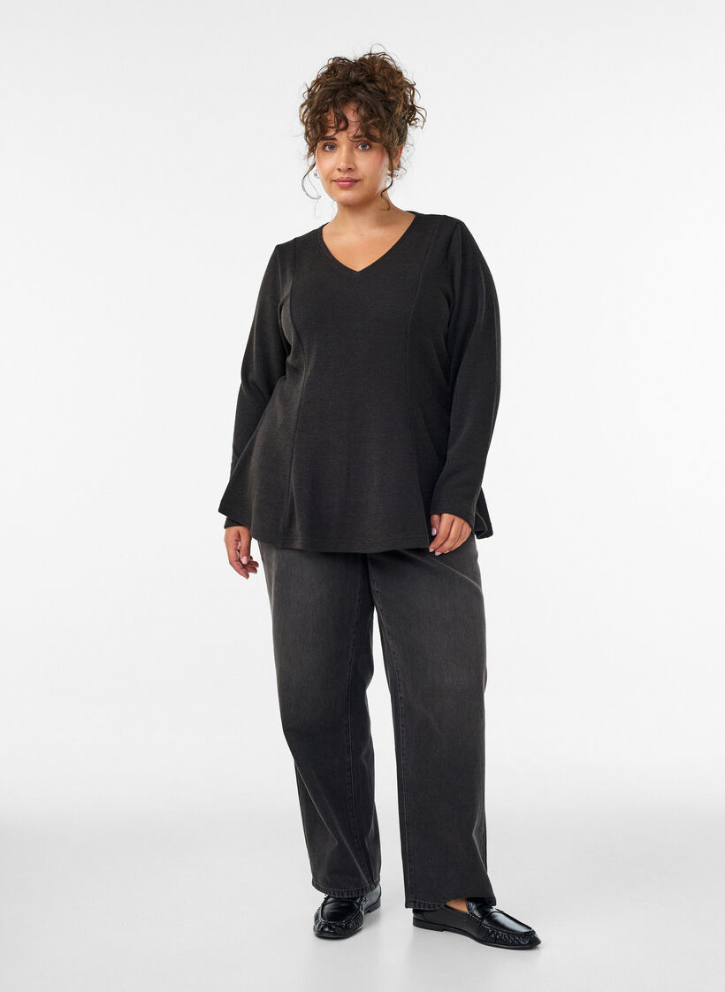 Jersey blouse with a ribbed texture and an A-line fit, Black, Model image number 1