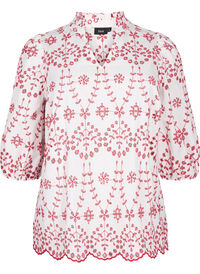 3/4 sleeve blouse with contrasting anglais embroidery