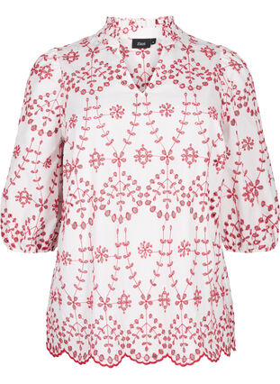 3/4 sleeve blouse with contrasting anglais embroidery, White w. Red, Packshot image number 0