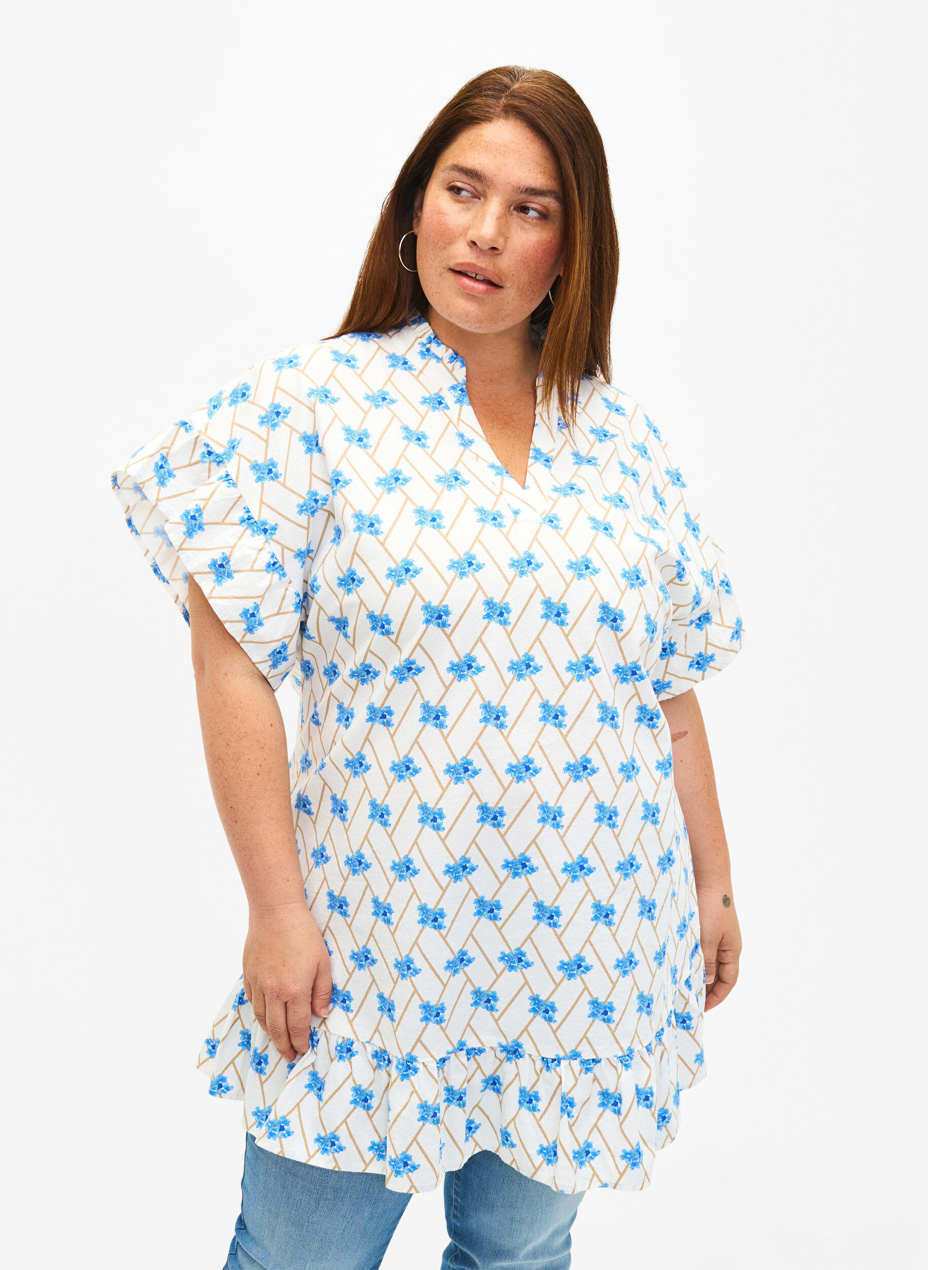 Zizzifashion Floral cotton tunic in cotton, Snow White Flower, Model image number 0