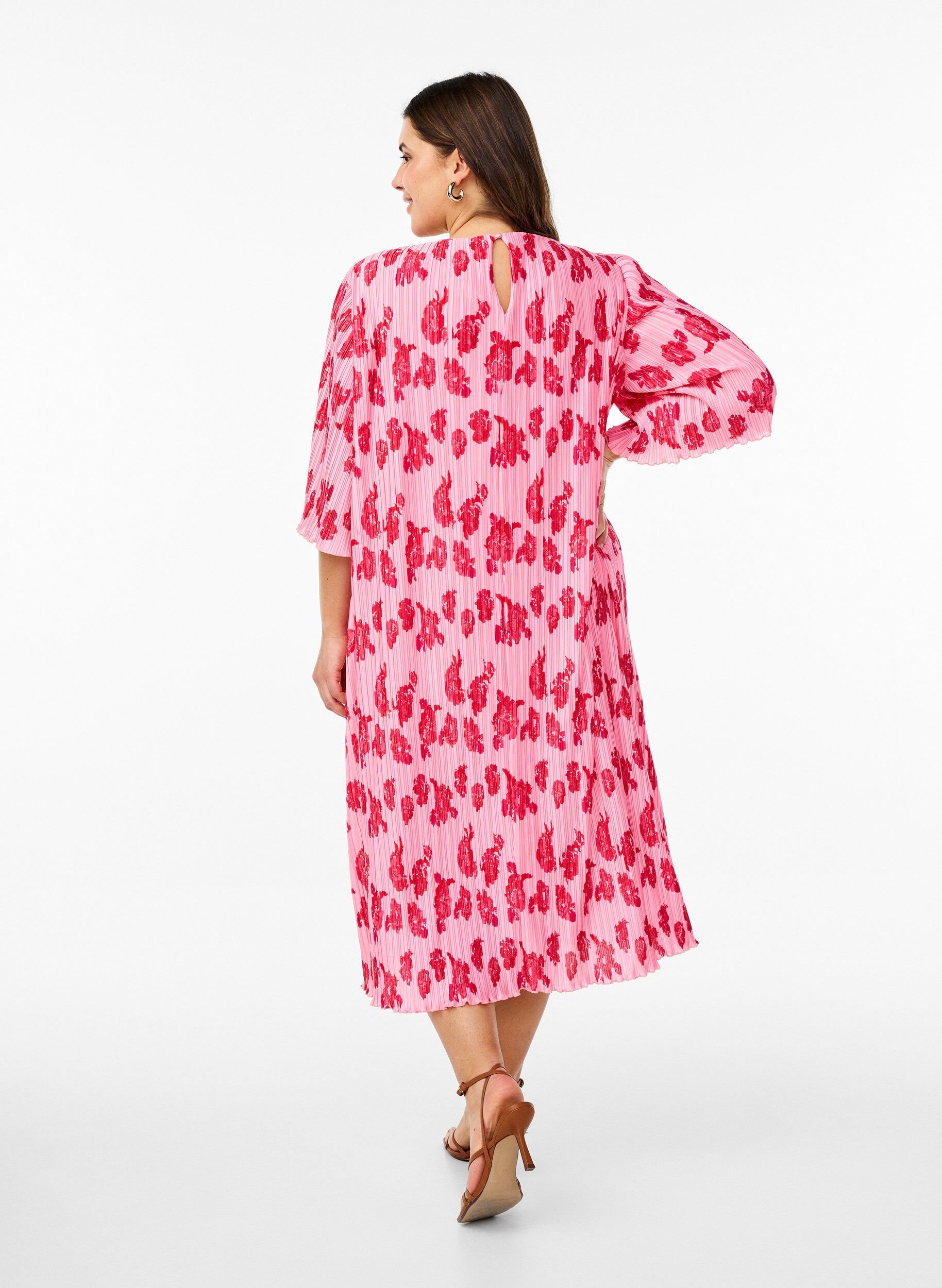 Zizzifashion Pleated dress with 3/4 sleeves, Rose, Model image number 1