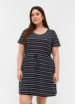 Short-sleeved cotton tunic with stripes, Black/White Stripe , Model image number 0