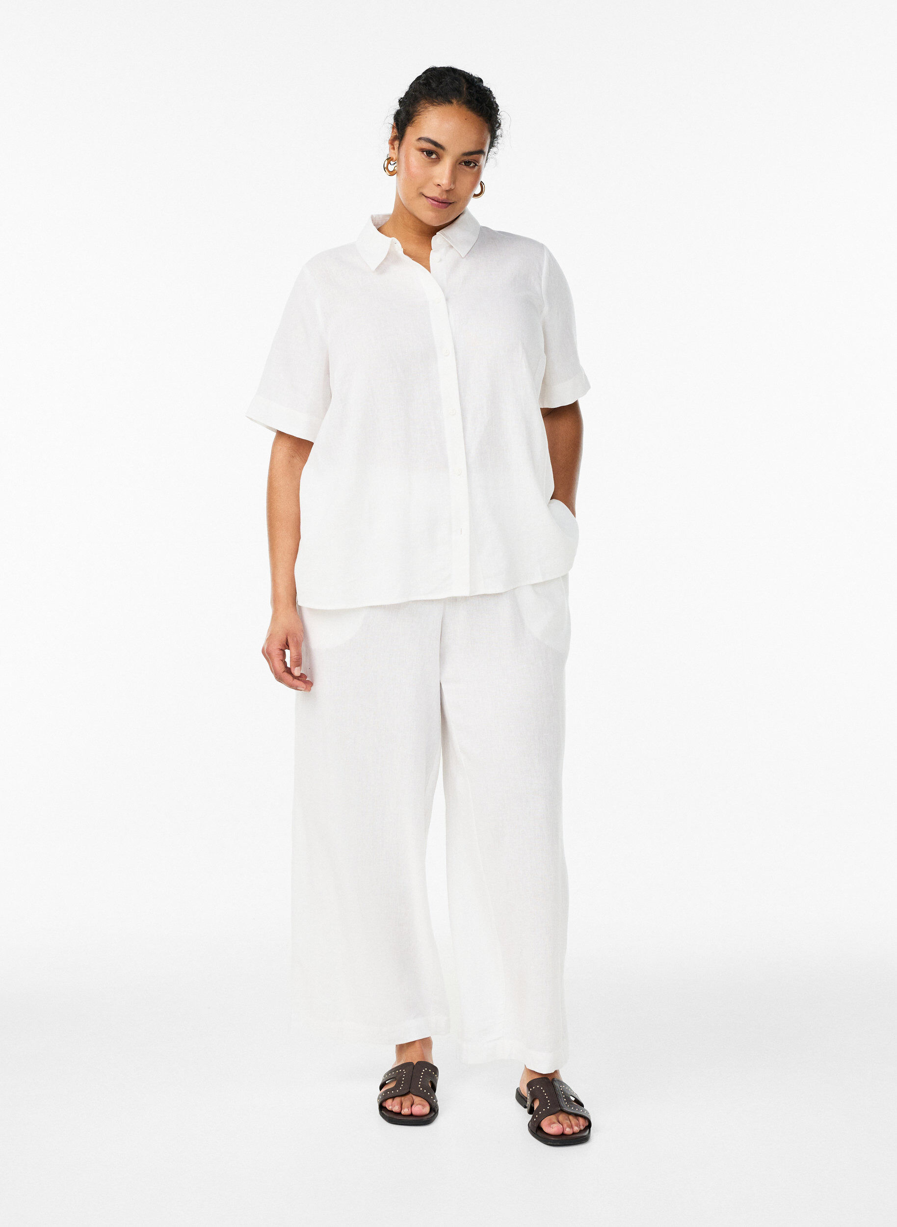 Zizzifashion Wide-leg linen and viscose trousers, White, Model image number 0