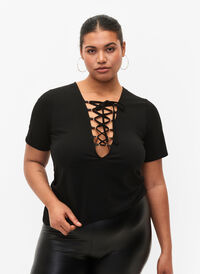 Short-sleeved top with lace-up detail, Black, Model