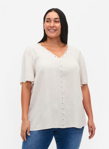 Viscose-Linen Mix Blouse with Embroidery, Moonbeam, Model image number 0