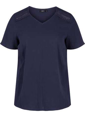 Short-sleeved cotton blouse with lace