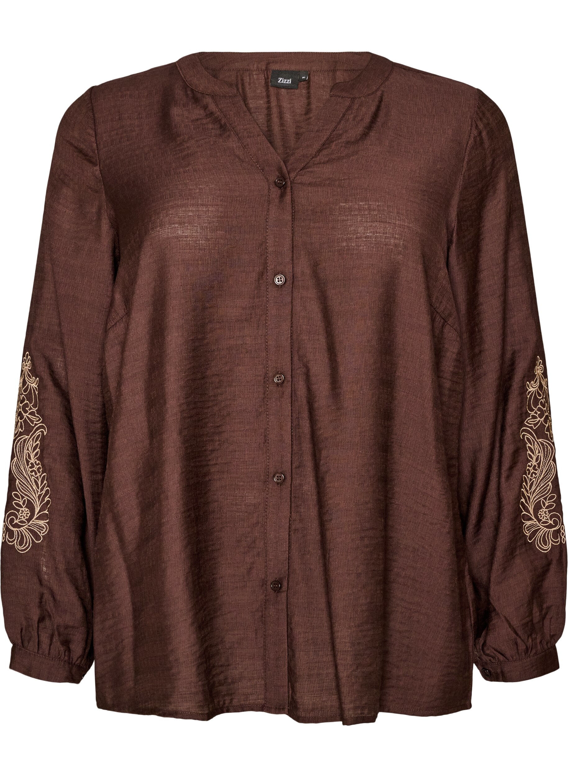ZizzifashionViscose shirt with embroidered sleeves, Brown, Packshot image number 0