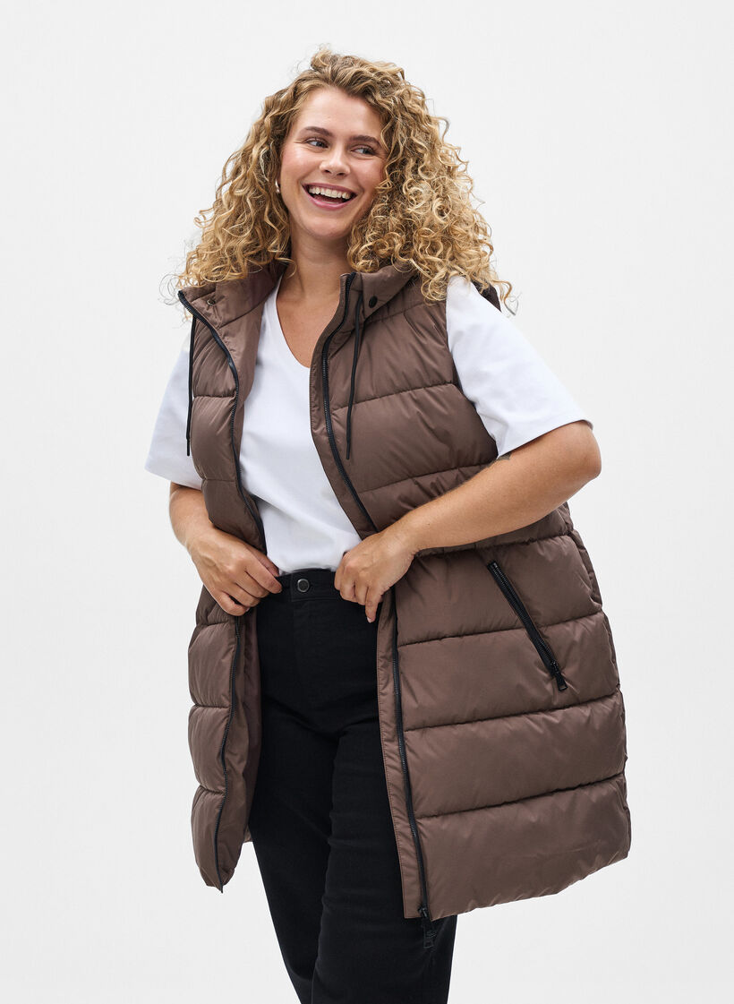Long vest with hood and pockets, Brown, Model image number 0