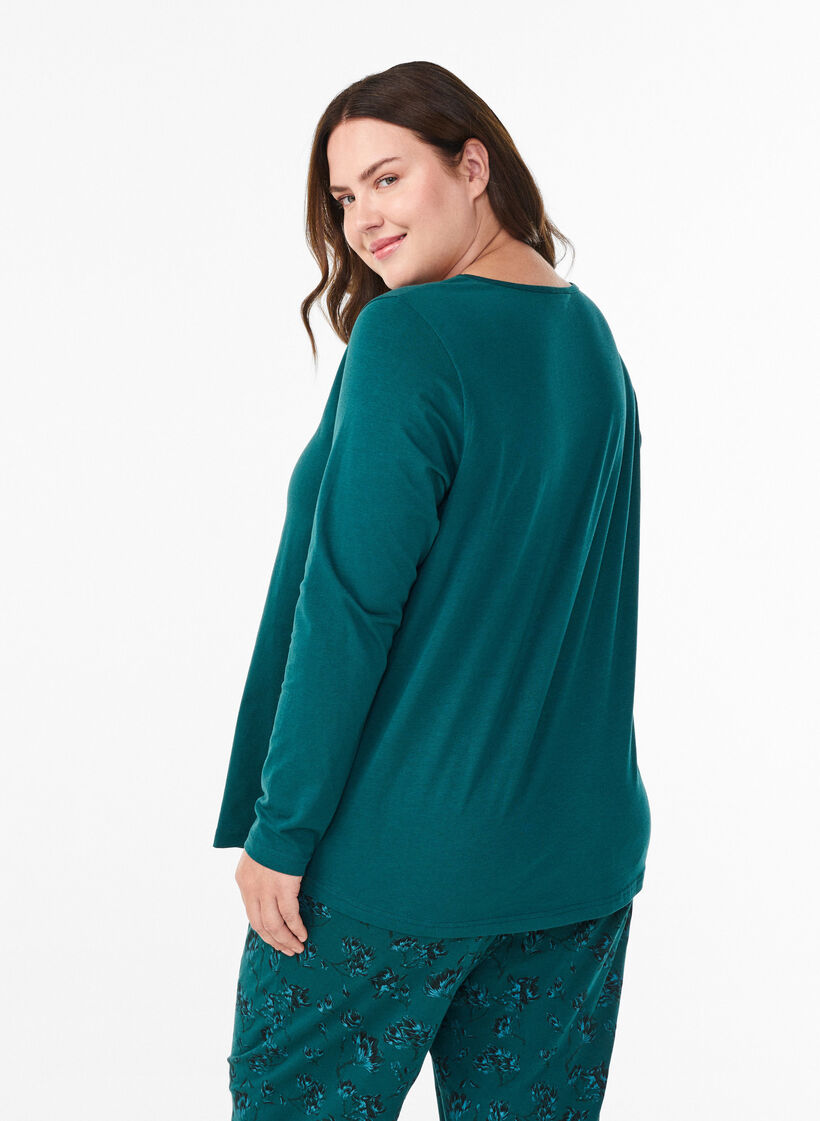 Night top in cotton with front print, Turquoise, Model image number 2
