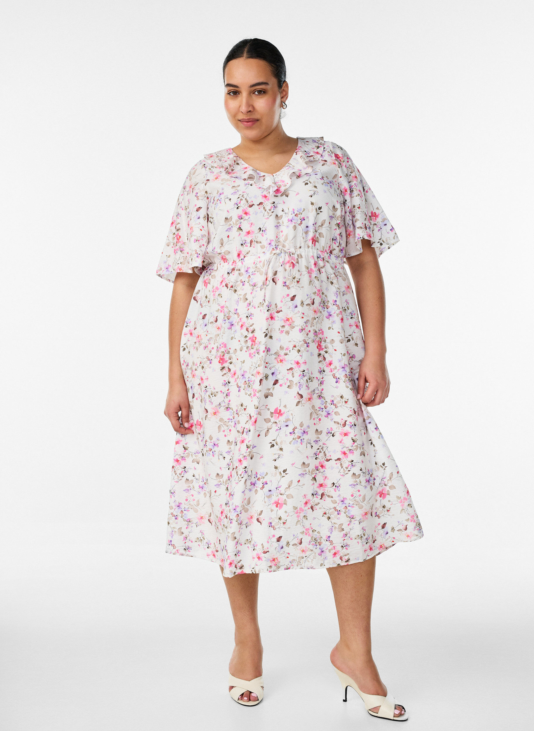 ZizzifashionViscose midi dress with a floral print and ruffle collar, Vanilla, Model image number 0