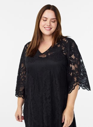 Midi lace dress with a V-neck - Black - Sz. 40-64 - Zizzifashion Midi lace dress with a V-neck - Black - Sz. 40-64 - Zizzifashion
