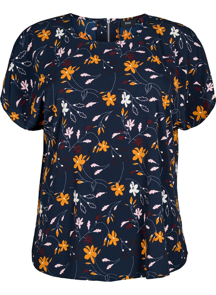 Short-sleeved blouse with floral print, Sky Captain Flower, Packshot image number 0