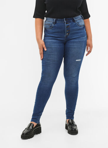 High-waisted Amy jeans with buttons, Blue denim, Model image number 2