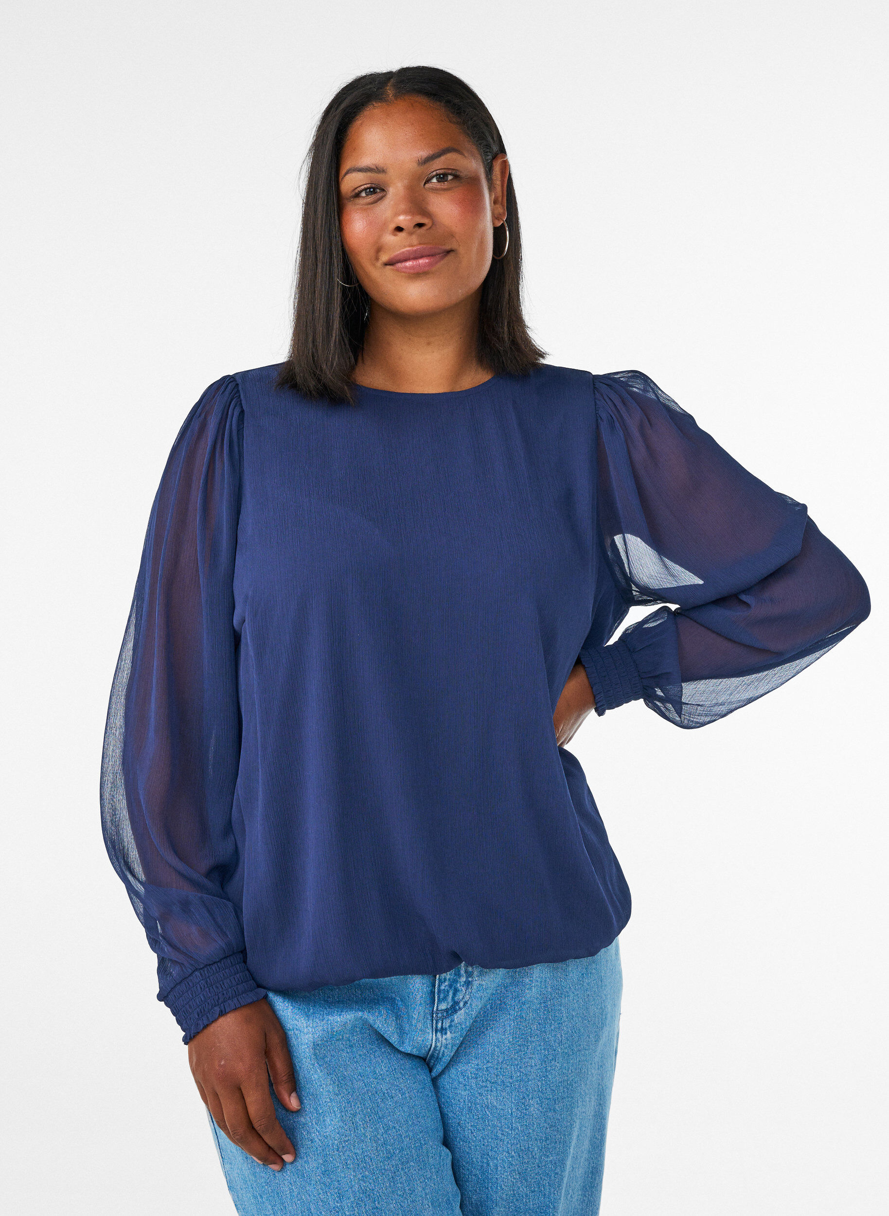 ZizzifashionChiffon blouse with sheer sleeves, Blue, Model image number 0