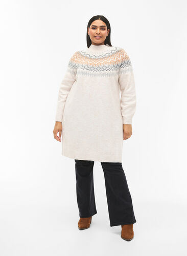 Patterned knitted dress with long sleeves, Birch Mel. Comb, Model image number 2