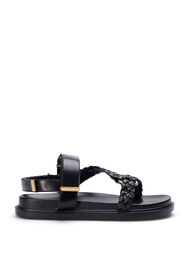 Leather sandal with braided straps and wide fit, Black, Packshot